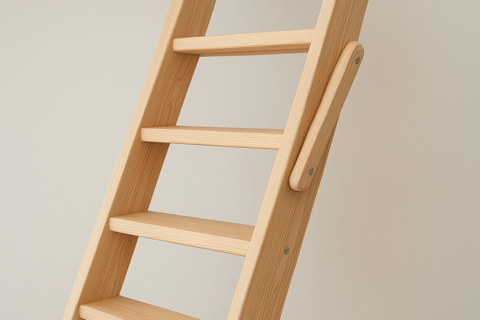 Close-up view of a wooden loft ladder with a light finish and visible steps